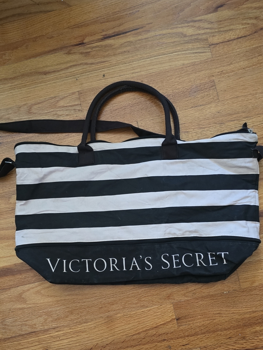 Victoria's Secret Black and Lite Pink Striped Canvas Tote